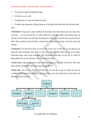 Phiên bản thử nghiệm – Lưu hành nội bộ - Microsoft Vietnam
13
Truy cập các nguồn dữ liệu khác nhau
Vẽ đồ thị và các sơ đồ
T động hóa các công việc bằng các macro
Và nhiều ứng dụng khác để giúp chúng ta có thể phân tích nhiều loại hình bài toán khác
nhau.
Workbook: Trong Excel, một workbook là một tập tin mà trên đó bạn làm việc (tính toán,
vẽ đồ thị, …) và lưu trữ dữ liệu. Vì mỗi workbook có thể chứa nhiều sheet (bảng tính), do
vậy bạn có thể tổ chức, lưu trữ nhiều loại thông tin có liên quan với nhau chỉ trong một tập tin
(file). Một workbook chứa rất nhiều worksheet hay chart sheet tùy thuộc vào bộ nhớ máy tính
của bạn.
Worksheet: Còn g i tắt là sheet, là nơi lưu trữ và làm việc với dữ liệu, nó còn được g i là
bảng tính. Một worksheet chứa nhiều ô (cell), các ô được tổ chức thành các cột và các dòng.
Worksheet được chứa trong workbook. Một Worksheet chứa được 16,384 cột và 1,048,576
dòng (phiên bản cũ chỉ chứa được 256 cột và 65,536 dòng).
Chart sheet: Cũng là một sheet trong workbook, nhưng nó chỉ chứa một đồ thị. Một chart
sheet rất hữu ích khi bạn mu n xem riêng lẻ từng đồ thị.
Sheet tabs: Tên của các sheet sẽ thể hiện trên các tab đặt tại góc trái dưới của cửa sổ
workbook. Để di chuyển từ sheet này sang sheet khác ta chỉ việc nhấp chuột vào tên sheet cần
đ n trong thanh sheet tab.
Các thành phần của Workbook
 