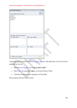 Phiên bản thử nghiệm – Lưu hành nội bộ - Microsoft Vietnam
140
Trong danh sách các Field sẽ có Store, Category và Titles. Hãy nhấn ch n cả ba. Excel sẽ làm
giúp bạn các việc sau:
 Đem Store và Category vào trong hộp Row Labels
 Đem Tiltes vào trong hộp Values, với cái tên là Sum of Titles
 Trình bày các thông tin vào vùng báo cáo PivotTable
K t quả được minh h a ở hình sau đây:
 