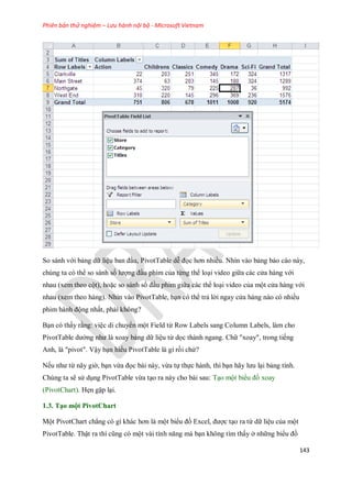 Phiên bản thử nghiệm – Lưu hành nội bộ - Microsoft Vietnam
143
So sánh với bảng dữ liệu ban đầu, PivotTable dễ đ c hơn nhiều. Nhìn vào bảng báo cáo này,
chúng ta có thể so sánh s lượng đầu phim của từng thể loại video giữa các cửa hàng với
nhau (xem theo cột), hoặc so sánh s đầu phim giữa các thể loại video của một cửa hàng với
nhau (xem theo hàng). Nhìn vào PivotTable, bạn có thể trả lời ngay cửa hàng nào có nhiều
phim hành động nhất, phải không?
Bạn có thấy rằng: việc di chuyển một Field từ Row Labels sang Column Labels, làm cho
PivotTable dường như là xoay bảng dữ liệu từ d c thành ngang. Chữ "xoay", trong ti ng
Anh, là "pivot". Vậy bạn hiểu PivotTable là gì rồi chứ?
N u như từ nãy giờ, bạn vừa đ c bài này, vừa t th c hành, thì bạn hãy lưu lại bảng tính.
Chúng ta sẽ sử dụng PivotTable vừa tạo ra này cho bài sau: Tạo một biểu đồ xoay
(PivotChart). Hẹn gặp lại.
1.3. Tạo một PivotChart
Một PivotChart chẳng có gì khác hơn là một biểu đồ Excel, được tạo ra từ dữ liệu của một
PivotTable. Thật ra thì cũng có một vài tính năng mà bạn không tìm thấy ở những biểu đồ
 