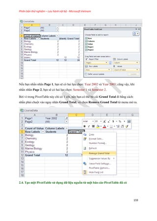 Phiên bản thử nghiệm – Lưu hành nội bộ - Microsoft Vietnam
159
N u bạn nhấn nhãn Page 1, bạn sẽ có hai l a ch n: Year 2002 và Year 2003; cũng vậy, khi
nhấn nhãn Page 2, bạn sẽ có hai l a ch n: Semester 1 và Semester 2.
Bởi vì trong PivotTable này chỉ có 1 cột, nên bạn có thể bỏ cái Grand Total đi bằng cách:
nhấn phải chuột vào ngay nhãn Grand Total, và ch n Remove Grand Total từ menu mở ra.
2.4. Tạo một PivotTable sử dụng dữ liệu nguồn từ một báo cáo PivotTable đã có
 