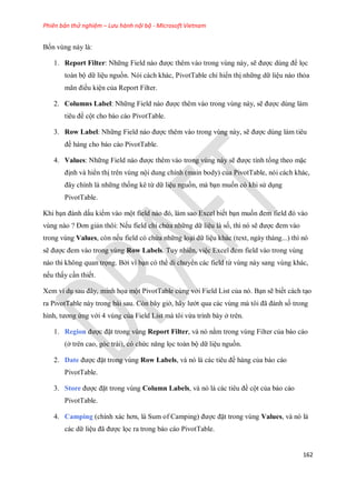 Phiên bản thử nghiệm – Lưu hành nội bộ - Microsoft Vietnam
162
B n vùng này là:
1. Report Filter: Những Field nào được thêm vào trong vùng này, sẽ được dùng để l c
toàn bộ dữ liệu nguồn. Nói cách khác, PivotTable chỉ hiển thị những dữ liệu nào thỏa
mãn điều kiện của Report Filter.
2. Columns Label: Những Field nào được thêm vào trong vùng này, sẽ được dùng làm
tiêu đề cột cho báo cáo PivotTable.
3. Row Label: Những Field nào được thêm vào trong vùng này, sẽ được dùng làm tiêu
đề hàng cho báo cáo PivotTable.
4. Values: Những Field nào được thêm vào trong vùng này sẽ được tính tổng theo mặc
định và hiển thị trên vùng nội dung chính (main body) của PivotTable, nói cách khác,
đây chính là những th ng kê từ dữ liệu nguồn, mà bạn mu n có khi sử dụng
PivotTable.
Khi bạn đánh dấu kiểm vào một field nào đó, làm sao Excel bi t bạn mu n đem field đó vào
vùng nào ? Đơn giản thôi: N u field chỉ chứa những dữ liệu là s , thì nó sẽ được đem vào
trong vùng Values, còn n u field có chứa những loại dữ liệu khác (text, ngày tháng...) thì nó
sẽ được đem vào trong vùng Row Labels. Tuy nhiên, việc Excel đem field vào trong vùng
nào thì không quan tr ng. Bởi vì bạn có thể di chuyển các field từ vùng này sang vùng khác,
n u thấy cần thi t.
Xem ví dụ sau đây, minh h a một PivotTable cùng với Field List của nó. Bạn sẽ bi t cách tạo
ra PivotTable này trong bài sau. Còn bây giờ, hãy lướt qua các vùng mà tôi đã đánh s trong
hình, tương ứng với 4 vùng của Field List mà tôi vừa trình bày ở trên.
1. Region được đặt trong vùng Report Filter, và nó nằm trong vùng Filter của báo cáo
(ở trên cao, góc trái), có chức năng l c toàn bộ dữ liệu nguồn.
2. Date được đặt trong vùng Row Labels, và nó là các tiêu đề hàng của báo cáo
PivotTable.
3. Store được đặt trong vùng Column Labels, và nó là các tiêu đề cột của báo cáo
PivotTable.
4. Camping (chính xác hơn, là Sum of Camping) được đặt trong vùng Values, và nó là
các dữ liệu đã được l c ra trong báo cáo PivotTable.
 