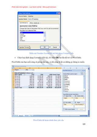 Phiên bản thử nghiệm – Lưu hành nội bộ - Microsoft Vietnam
169
Nhấn nút Number Format để mở hộp thoại Format Cells
 Ch n loại định dạng Currency (tiền tệ), rồi nhấn OK hai lần để trở về PivotTable.
PivotTable của bạn cu i cùng sẽ gi ng như sau, và đó cũng là tất cả những gì chúng ta mu n.
PivotTable đã hoàn chỉnh theo yêu cầu
 