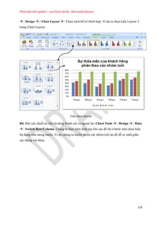 Phiên bản thử nghiệm – Lưu hành nội bộ - Microsoft Vietnam
175
 Design  Chart Layout  n cách b trí thích hợp. Ví dụ ta ch n kiểu Layout 3
trong Chart Layout.
L a ch n layout
B4. Đảo các chuỗi s liệu từ dòng thành cột và ngược lại: Chart Tools  Design  Data
 Switch Row/Column. Chúng ta th c hiện lệnh này khi các đồ thị ở bước trên chưa hiển
thị đúng như mong mu n. Ví dụ chúng ta mu n nhóm các nhóm tuổi lại để dễ so sánh giữa
các tháng với nhau.
 