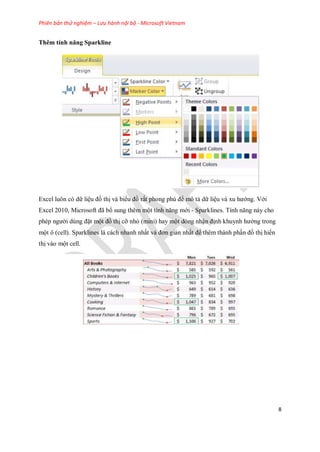Phiên bản thử nghiệm – Lưu hành nội bộ - Microsoft Vietnam
8
Thêm tính năng Sparkline
Excel luôn có dữ liệu đồ thị và biểu đồ rất phong phú để mô tả dữ liệu và xu hướng. Với
Excel 2010, Microsoft đã bổ sung thêm một tính năng mới - Sparklines. Tính năng này cho
phép người dùng đặt một đồ thị cỡ nhỏ (mini) hay một dòng nhận định khuynh hướng trong
một ô (cell). Sparklines là cách nhanh nhất và đơn giản nhất để thêm thành phần đồ thị hiển
thị vào một cell.
 