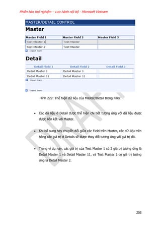 Phiên bản thử nghiệm – Lưu hành nội bộ - Microsoft Vietnam
205
Hình 229: Thể hiện dữ liệu của Master/Detail trong Filler.
 Các dữ liệu ở Detail được thể hiện chi tiết tương ứng với dữ liệu được
được liên kết với Master.
 Khi bổ sung hay chuyển đổi giữa các Field trên Master, các dữ liệu trên
hàng các giá trị ở Details sẽ được thay đổi tương ứng với giá trị đó.
 Trong ví dụ này, các giá trị của Test Master 1 có 2 giá trị tương ứng là
Detail Master 1 và Detail Master 11, và Test Master 2 có giá trị tương
ứng là Detail Master 2.
 