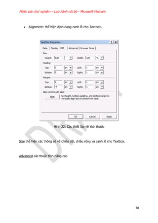 Phiên bản thử nghiệm – Lưu hành nội bộ - Microsoft Vietnam
30
 Alignment: thể hiện định dạng canh lề cho Textbox.
Hình 22: Các thiết lập về kích thước
Size thể hiện các thông số về chiều dài, chiều rộng và canh lề cho Textbox.
Advanced các thuộc tính nâng cao
 