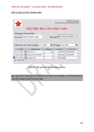 Phiên bản thử nghiệm – Lưu hành nội bộ - Microsoft Vietnam
63
Kiểm tra kết quả trên InfoPath Filler
Hình 63: Kết quả thể hiện với Rules Actions.
Ghi chú: đối với những giá trị có phép tính đơn giản như thanhtien, có thể thiết lập giá trị
mặc định (Default Value) trong Tab Data.
 