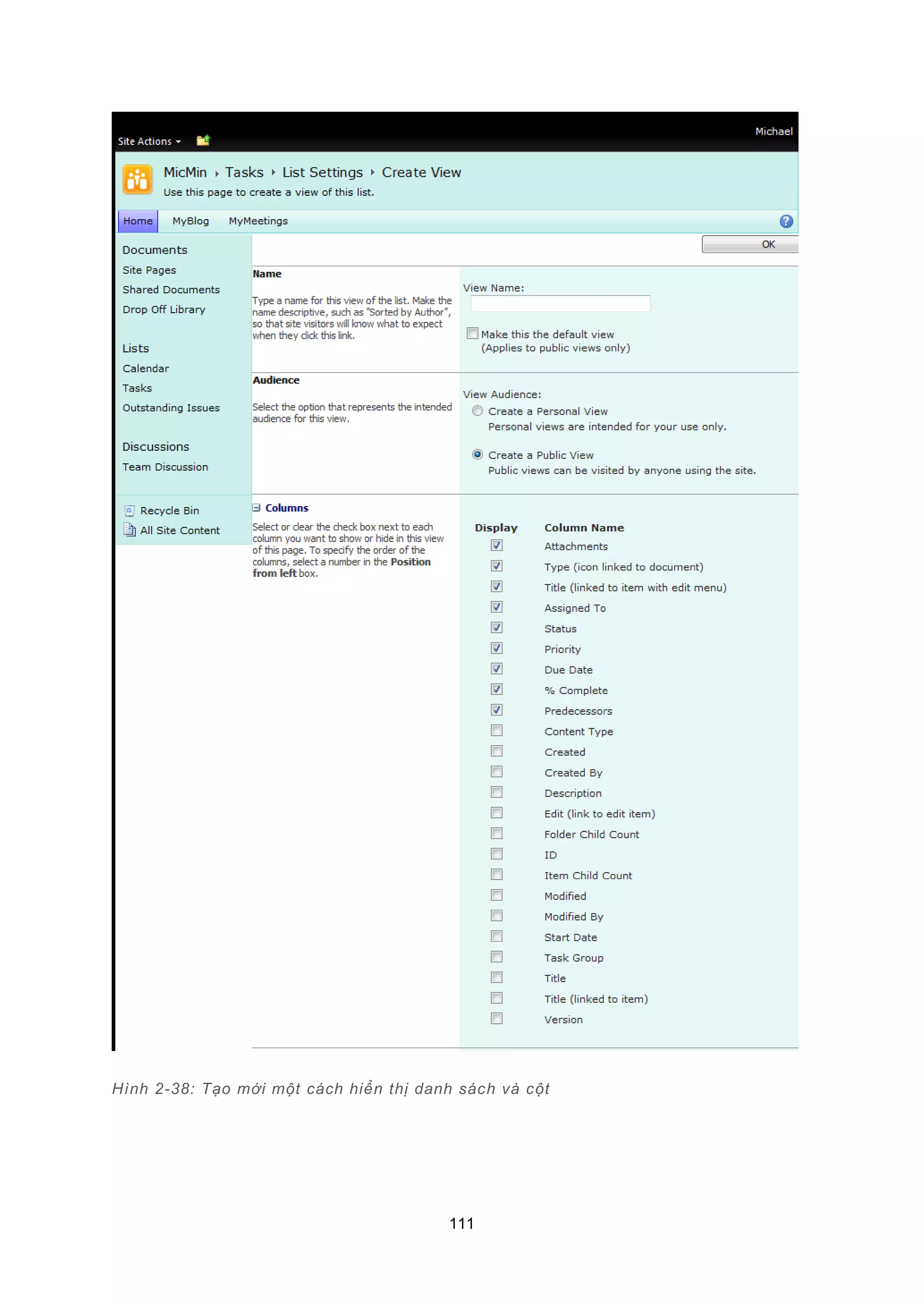 111
Hình 2-38: Tạo mới một cách hiển thị danh sách và cột
 