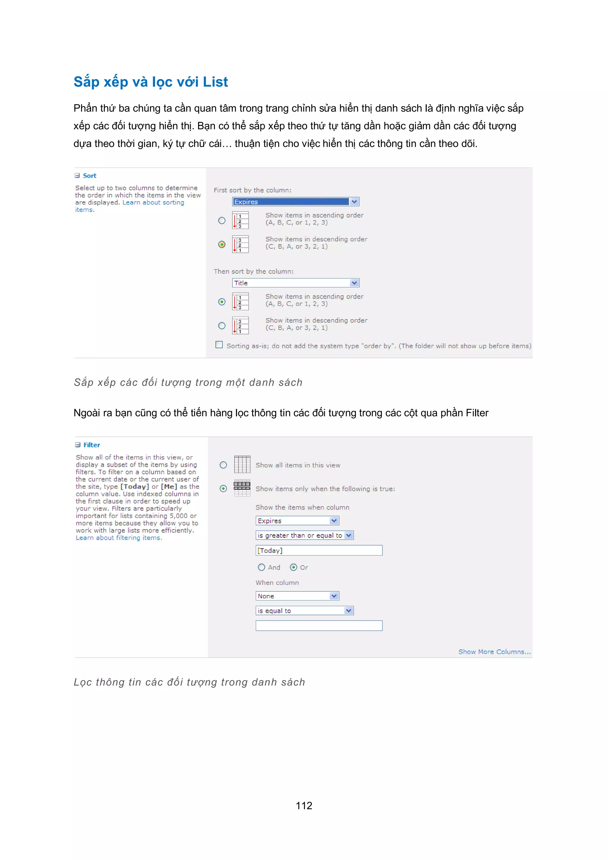 112
Sắp xếp và lọc với List
Phẩn thứ ba chúng ta cần quan tâm trong trang chỉnh sửa hiển thị danh sách là định nghĩa việc sắp
xếp các đối tượng hiển thị. Bạn có thể sắp xếp theo thứ tự tăng dần hoặc giảm dần các đối tượng
dựa theo thời gian, ký tự chữ cái… thuận tiện cho việc hiển thị các thông tin cần theo dõi.
Sắp xếp các đối tượng trong một danh sách
Ngoài ra bạn cũng có thể tiến hàng lọc thông tin các đối tượng trong các cột qua phần Filter
Lọc thông tin các đối tượng trong danh sách
 