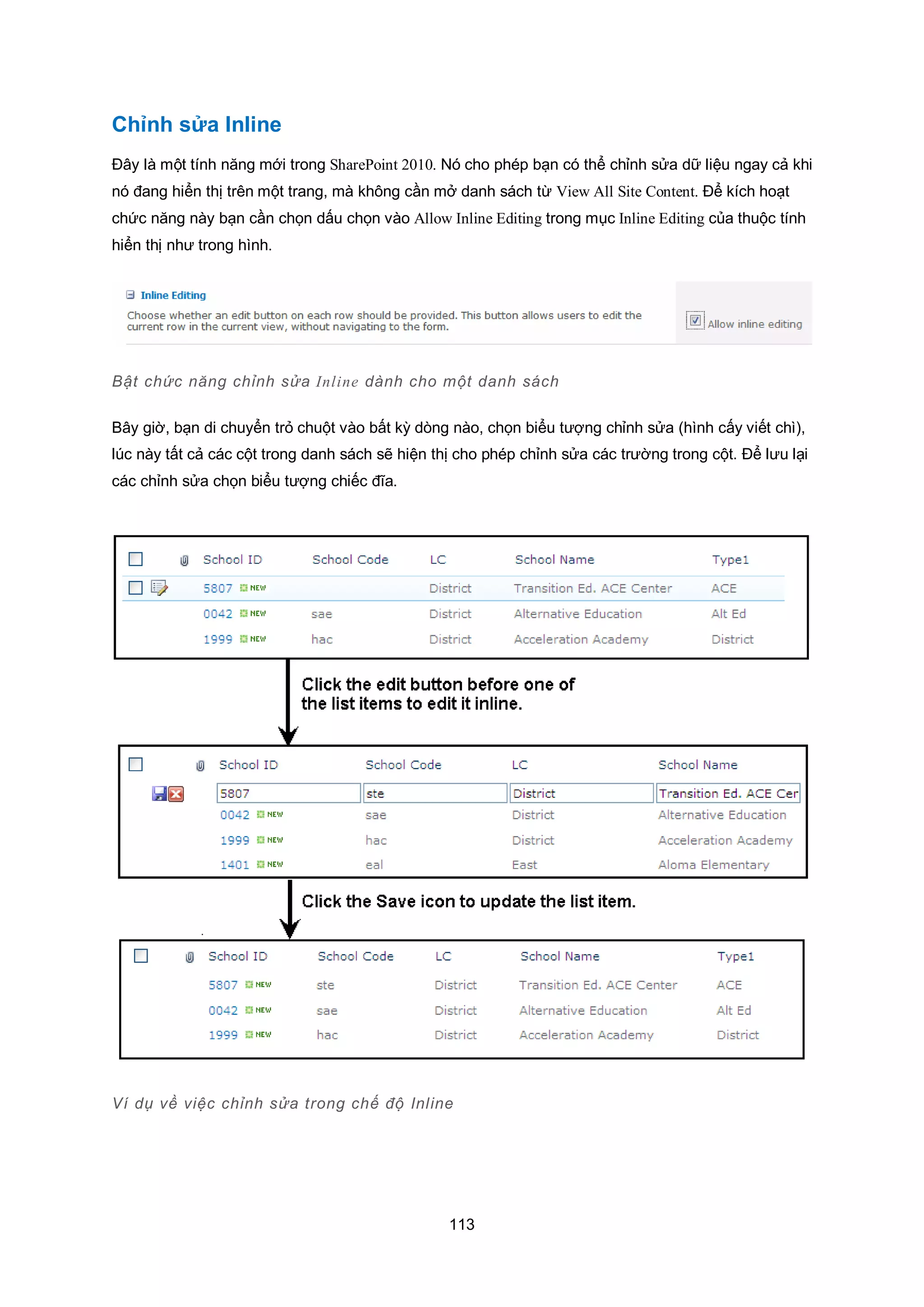 113
Chỉnh sửa Inline
Đây là một tính năng mới trong SharePoint 2010. Nó cho phép bạn có thể chỉnh sửa dữ liệu ngay cả khi
nó đang hiển thị trên một trang, mà không cần mở danh sách từ View All Site Content. Để kích hoạt
chức năng này bạn cần chọn dấu chọn vào Allow Inline Editing trong mục Inline Editing của thuộc tính
hiển thị như trong hình.
Bật chức năng chỉnh sửa Inline dành cho một danh sách
Bây giờ, bạn di chuyển trỏ chuột vào bất kỳ dòng nào, chọn biểu tượng chỉnh sửa (hình cấy viết chì),
lúc này tất cả các cột trong danh sách sẽ hiện thị cho phép chỉnh sửa các trường trong cột. Để lưu lại
các chỉnh sửa chọn biểu tượng chiếc đĩa.
Ví dụ về việc chỉnh sửa trong chế độ Inline
 