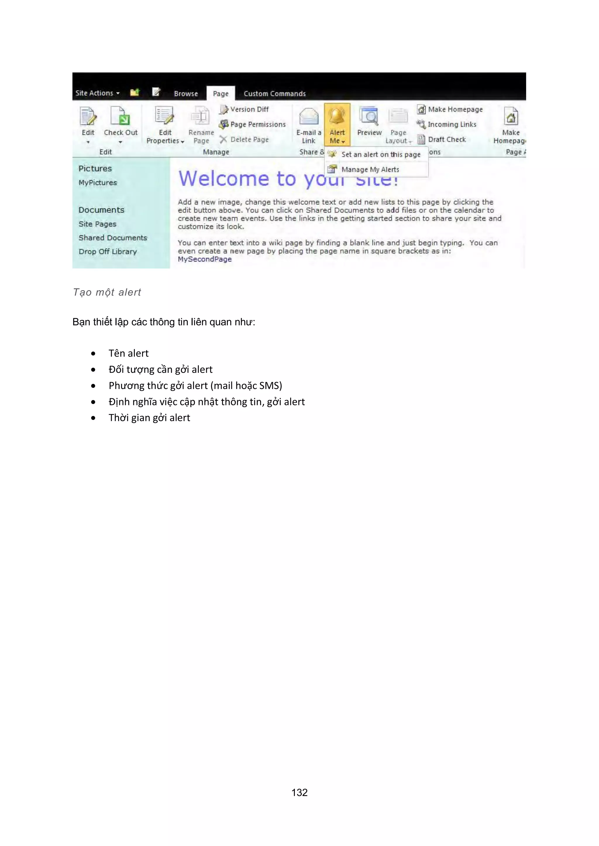 132
Tạo một alert
Bạn thiết lập các thông tin liên quan như:
 Tên alert
 Đối tượng cần gởi alert
 Phương thức gởi alert (mail hoặc SMS)
 Định nghĩa việc cập nhật thông tin, gởi alert
 Thời gian gởi alert
 