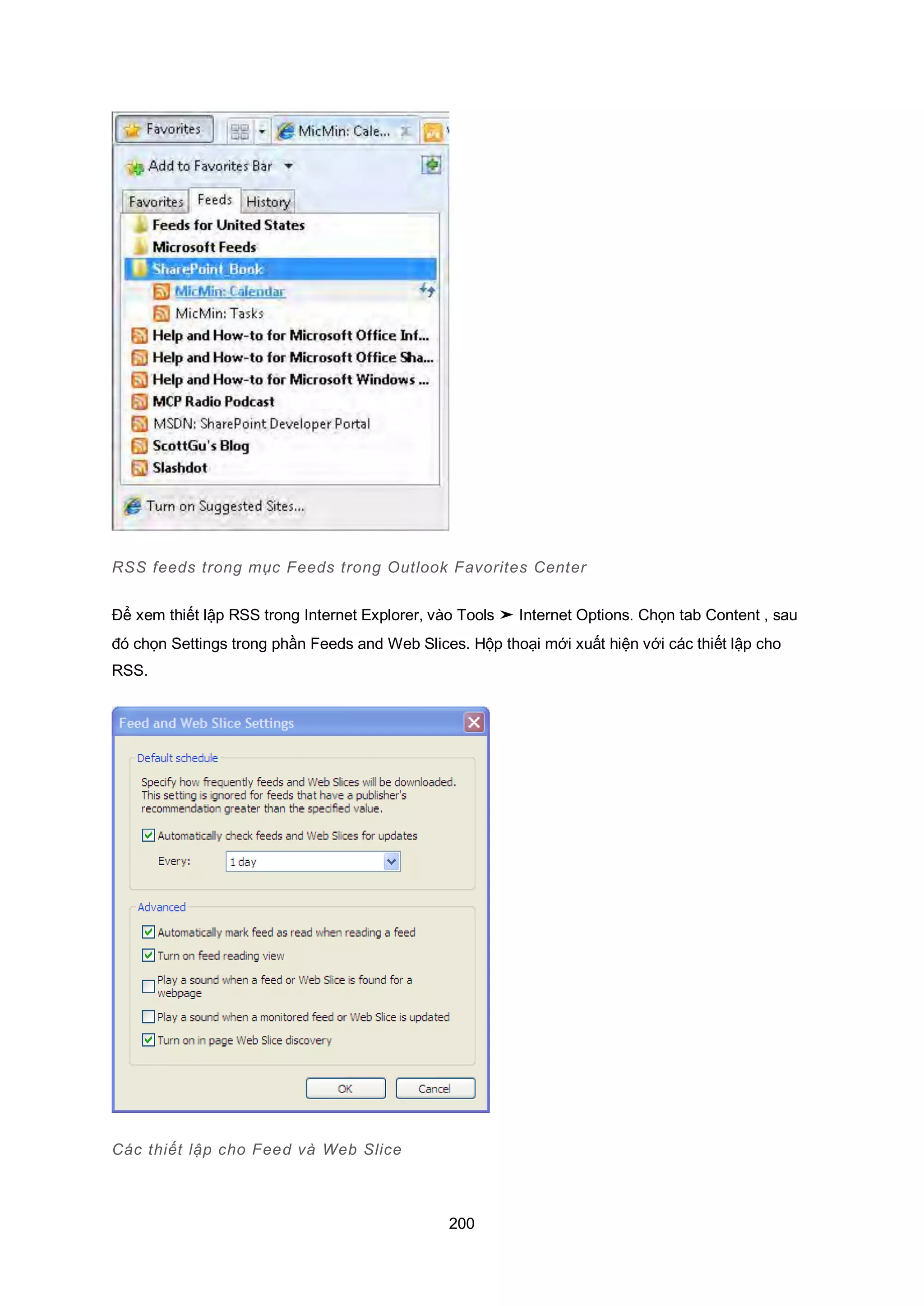 200
RSS feeds trong mục Feeds trong utlook Favorites Center
Để xem thiết lập RSS trong Internet Explorer, vào Tools ➤ Internet Options. Chọn tab Content , sau
đó chọn Settings trong phần Feeds and Web Slices. Hộp thoại mới xuất hiện với các thiết lập cho
RSS.
Các thiết lập cho Feed và Web Slice
 