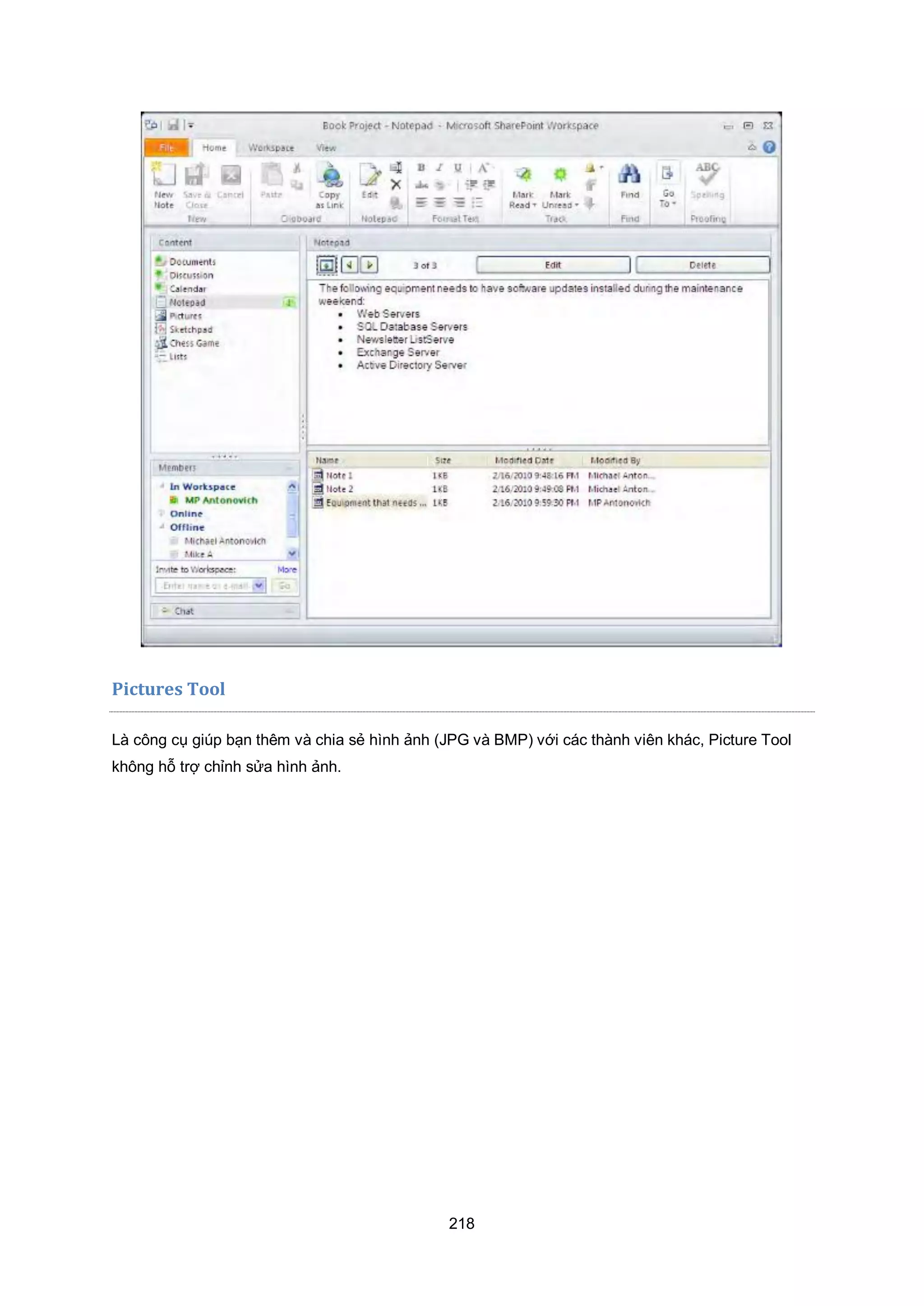 218
Pictures Tool
Là công cụ giúp bạn thêm và chia sẻ hình ảnh (JPG và BMP) với các thành viên khác, Picture Tool
không hỗ trợ chỉnh sửa hình ảnh.
 