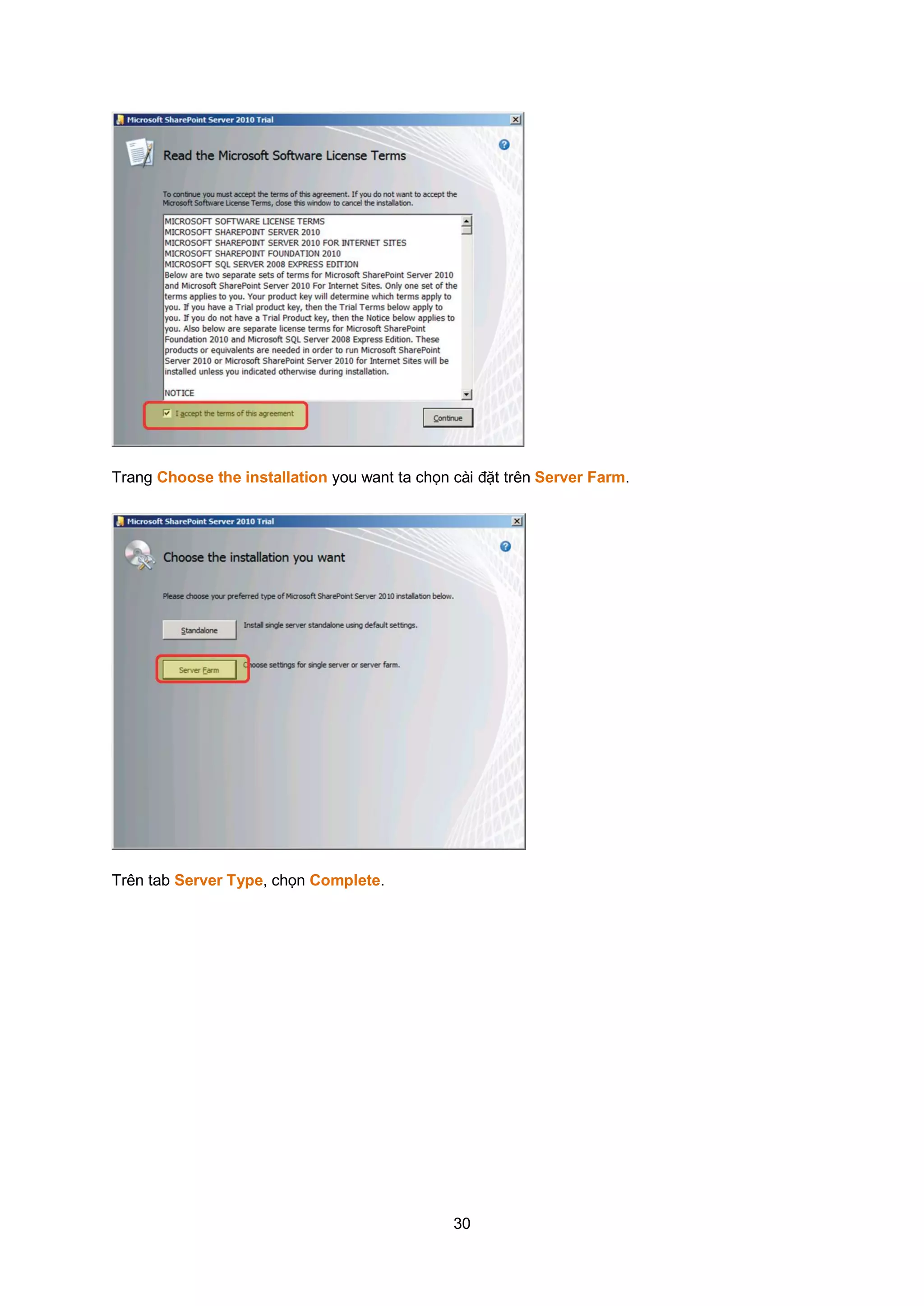 30
Trang Choose the installation you want ta chọn cài đặt trên Server Farm.
Trên tab Server Type, chọn Complete.
 