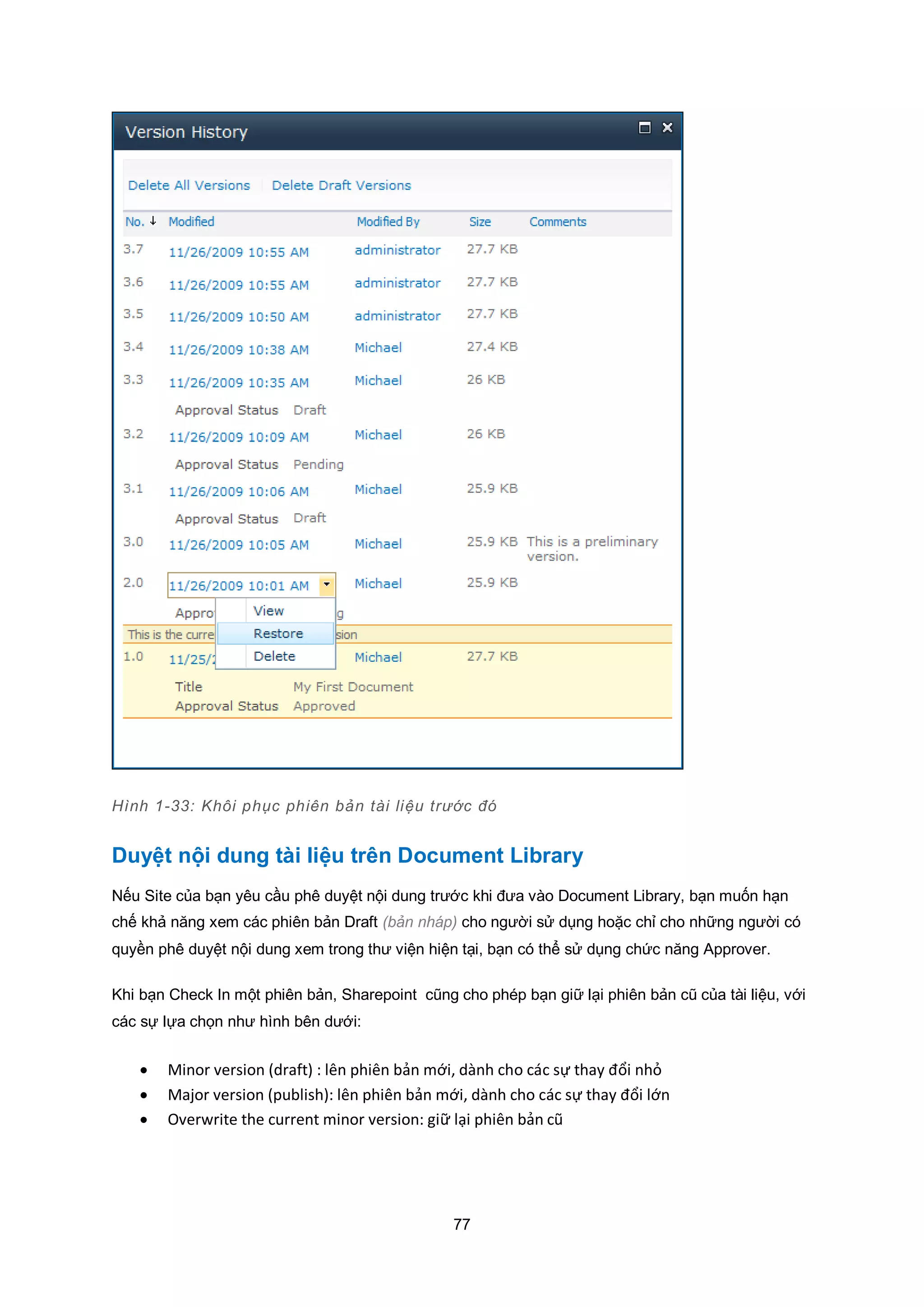 77
Hình 1-33: Khôi phục phiên bản tài liệu trước đó
Duyệt nội dung tài liệu trên Document Library
Nếu Site của bạn yêu cầu phê duyệt nội dung trước khi đưa vào Document Library, bạn muốn hạn
chế khả năng xem các phiên bản Draft (bản nháp) cho người sử dụng hoặc chỉ cho những người có
quyền phê duyệt nội dung xem trong thư viện hiện tại, bạn có thể sử dụng chức năng Approver.
Khi bạn Check In một phiên bản, Sharepoint cũng cho phép bạn giữ lại phiên bản cũ của tài liệu, với
các sự lựa chọn như hình bên dưới:
 Minor version (draft) : lên phiên bản mới, dành cho các sự thay đổi nhỏ
 Major version (publish): lên phiên bản mới, dành cho các sự thay đổi lớn
 Overwrite the current minor version: giữ lại phiên bản cũ
 