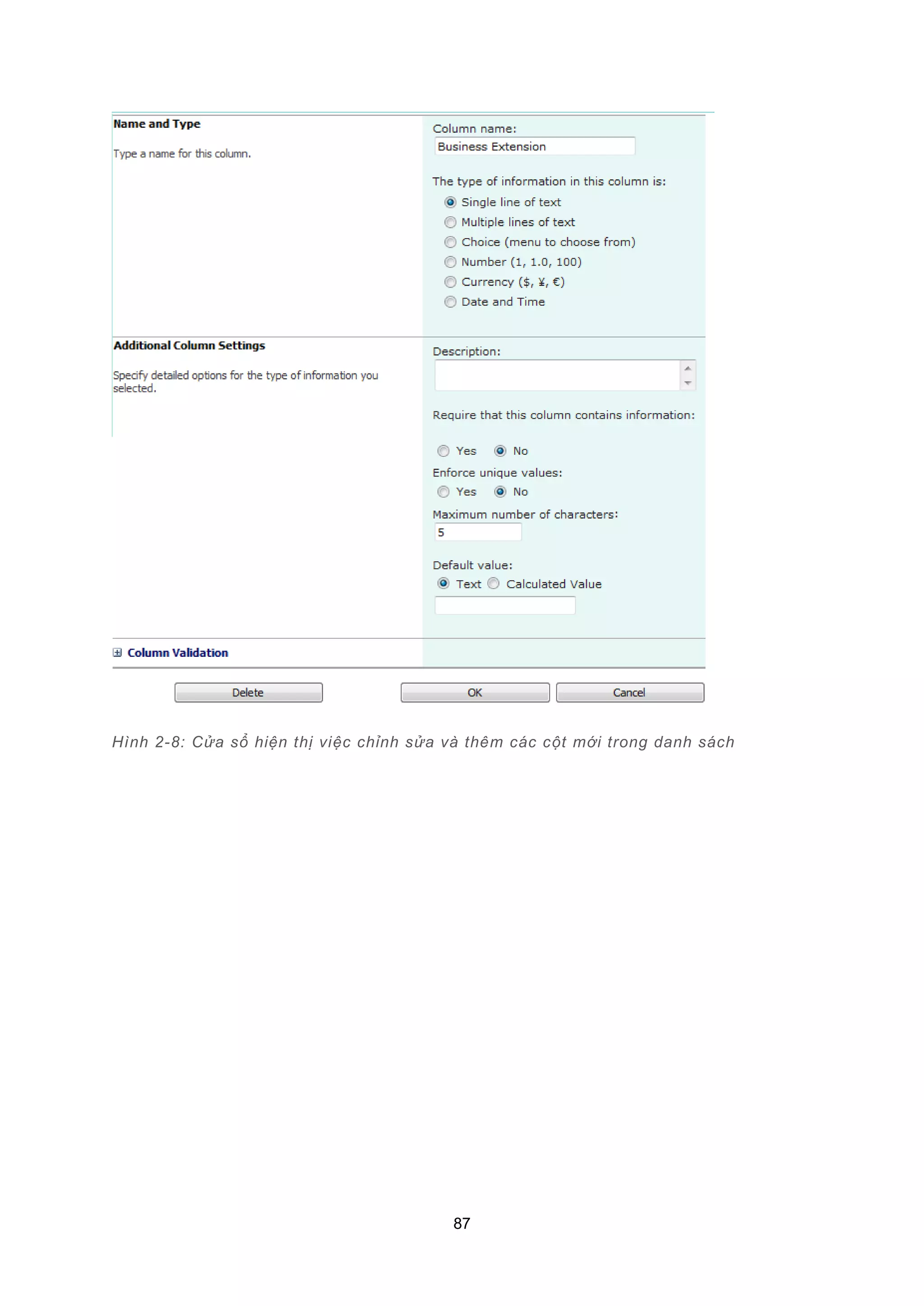 87
Hình 2-8: Cửa sổ hiện thị việc chỉnh sửa và thêm các cột mới trong danh sách
 