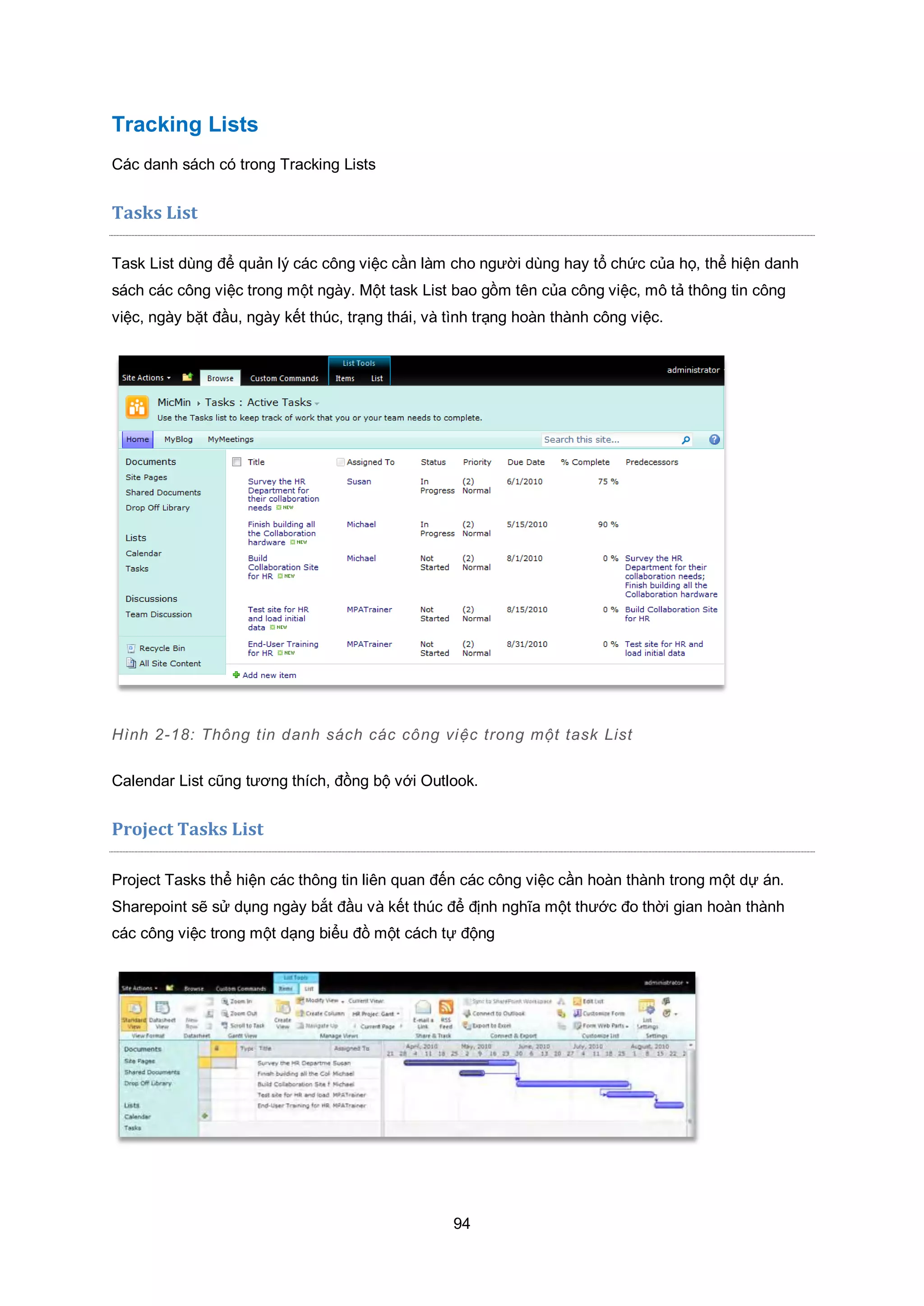 94
Tracking Lists
Các danh sách có trong Tracking Lists
Tasks List
Task List dùng để quản lý các công việc cần làm cho người dùng hay tổ chức của họ, thể hiện danh
sách các công việc trong một ngày. Một task List bao gồm tên của công việc, mô tả thông tin công
việc, ngày bặt đầu, ngày kết thúc, trạng thái, và tình trạng hoàn thành công việc.
Hình 2-18: Thông tin danh sách các công việc trong một task List
Calendar List cũng tương thích, đồng bộ với Outlook.
Project Tasks List
Project Tasks thể hiện các thông tin liên quan đến các công việc cần hoàn thành trong một dự án.
Sharepoint sẽ sử dụng ngày bắt đầu và kết thúc để định nghĩa một thước đo thời gian hoàn thành
các công việc trong một dạng biểu đồ một cách tự động
 
