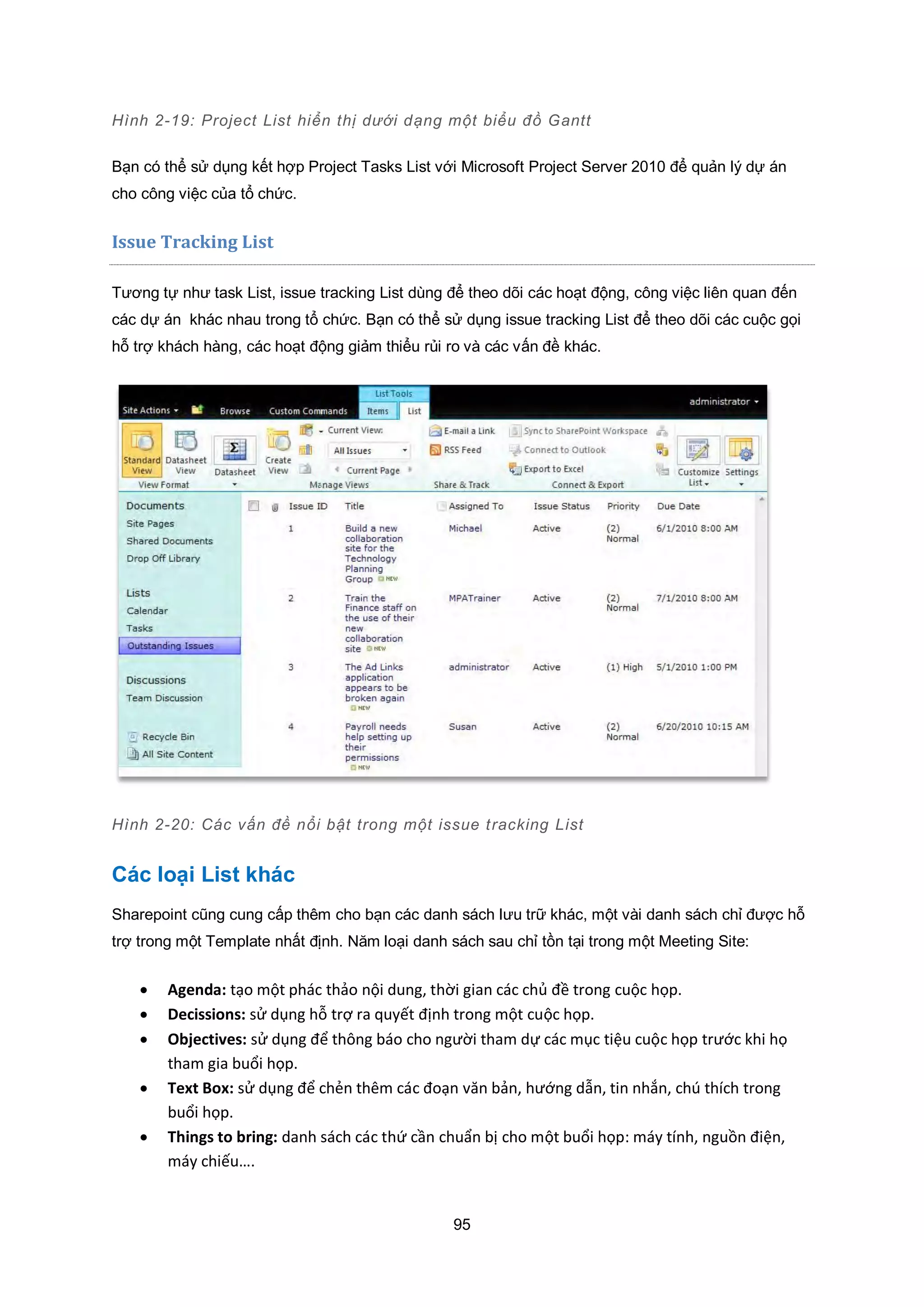 95
Hình 2-19: Project List hiển thị dưới dạng một biểu đồ Gantt
Bạn có thể sử dụng kết hợp Project Tasks List với Microsoft Project Server 2010 để quản lý dự án
cho công việc của tổ chức.
Issue Tracking List
Tương tự như task List, issue tracking List dùng để theo dõi các hoạt động, công việc liên quan đến
các dự án khác nhau trong tổ chức. Bạn có thể sử dụng issue tracking List để theo dõi các cuộc gọi
hỗ trợ khách hàng, các hoạt động giảm thiểu rủi ro và các vấn đề khác.
Hình 2-20: Các vấn đề nổi bật trong một issue tracking List
Các loại List khác
Sharepoint cũng cung cấp thêm cho bạn các danh sách lưu trữ khác, một vài danh sách chỉ được hỗ
trợ trong một Template nhất định. Năm loại danh sách sau chỉ tồn tại trong một Meeting Site:
 Agenda: tạo một phác thảo nội dung, thời gian các chủ đề trong cuộc họp.
 Decissions: sử dụng hỗ trợ ra quyết định trong một cuộc họp.
 Objectives: sử dụng để thông báo cho người tham dự các mục tiệu cuộc họp trước khi họ
tham gia buổi họp.
 Text Box: sử dụng để chẻn thêm các đoạn văn bản, hướng dẫn, tin nhắn, chú thích trong
buổi họp.
 Things to bring: danh sách các thứ cần chuẩn bị cho một buổi họp: máy tính, nguồn điện,
máy chiếu….
 