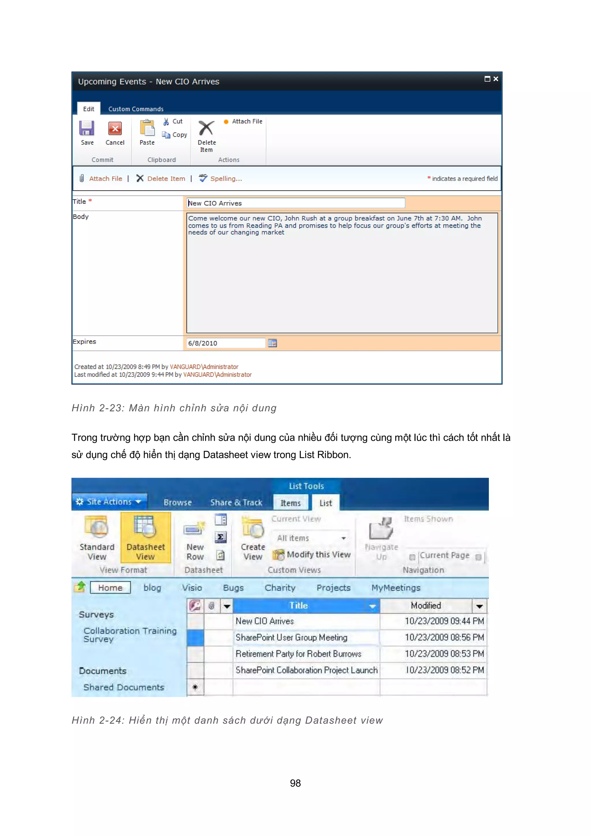 98
Hình 2-23: Màn hình chỉnh sửa nội dung
Trong trường hợp bạn cần chỉnh sửa nội dung của nhiều đối tượng cùng một lúc thì cách tốt nhất là
sử dụng chế độ hiển thị dạng Datasheet view trong List Ribbon.
Hình 2-24: Hiển thị một danh sách dưới dạng Datasheet view
 
