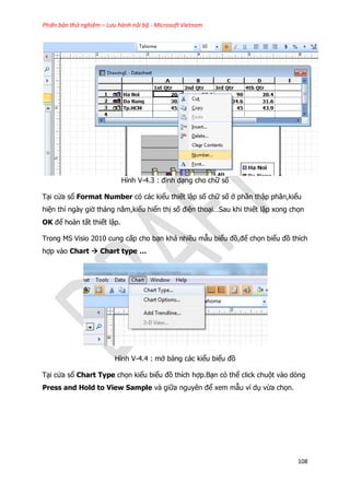 Phiên bản thử nghiệm – Lưu hành nội bộ - Microsoft Vietnam
108
Hình V-4.3 : định dạng cho chữ số
Tại cửa sổ Format Number có các kiểu thiết lập số chữ số ở phần thập phân,kiểu
hiện thỉ ngày giờ tháng năm,kiểu hiển thị số điện thoại…Sau khi thiết lập xong chọn
OK để hoàn tất thiết lập.
Trong MS Visio 2010 cung cấp cho bạn khá nhiều mẫu biểu đồ,để chọn biểu đồ thích
hợp vào Chart  Chart type …
Hình V-4.4 : mở bảng các kiểu biểu đồ
Tại cửa sổ Chart Type chọn kiểu biểu đồ thích hợp.Bạn có thể click chuột vào dòng
Press and Hold to View Sample và giữa nguyên để xem mẫu ví dụ vừa chọn.
 