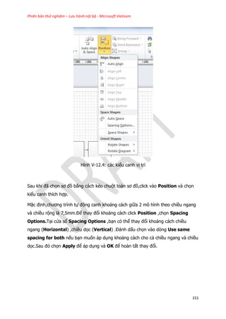 Phiên bản thử nghiệm – Lưu hành nội bộ - Microsoft Vietnam
151
Hình V-12.4: các kiểu canh vị trí
Sau khi đã chọn sơ đồ bằng cách kéo chuột toàn sơ đồ,click vào Position và chọn
kiểu canh thích hợp.
Mặc định,chương trình tự động canh khoảng cách giữa 2 mô hình theo chiều ngang
và chiều rộng là 7,5mm.Để thay đổi khoảng cách click Position ,chọn Spacing
Options.Tại cửa sổ Spacing Options ,bạn có thể thay đổi khoảng cách chiều
ngang (Horizontal) ,chiều dọc (Vertical) .Đánh dấu chọn vào dòng Use same
spacing for both nếu bạn muốn áp dụng khoảng cách cho cả chiều ngang và chiều
dọc.Sau đó chọn Apply để áp dụng và OK để hoàn tất thay đổi.
 