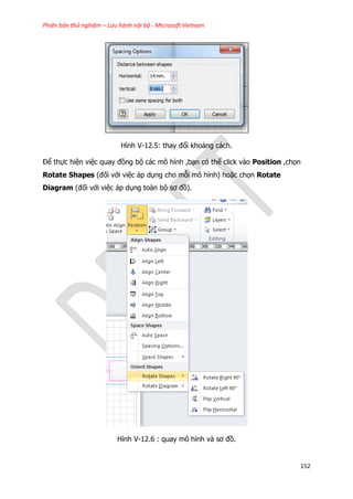 Phiên bản thử nghiệm – Lưu hành nội bộ - Microsoft Vietnam
152
Hình V-12.5: thay đổi khoảng cách.
Để thực hiện việc quay đồng bộ các mô hình ,bạn có thể click vào Position ,chọn
Rotate Shapes (đối với việc áp dụng cho mỗi mô hình) hoặc chọn Rotate
Diagram (đối với việc áp dụng toàn bộ sơ đồ).
Hình V-12.6 : quay mô hình và sơ đồ.
 