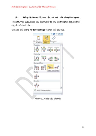 Phiên bản thử nghiệm – Lưu hành nội bộ - Microsoft Vietnam
153
13. Đồng bộ hóa sơ đồ theo cấu trúc với chức năng Re-Layout.
Trong MS Visio 2010,có các kiểu cấu trúc sơ đồ như cấu trúc phân cấp,cấu trúc
cây,cấu trúc hình tròn ……
Click vào biểu tượng Re-Layout Page và chọn kiểu cấu trúc.
Hình V-12.7: các kiểu cấu trúc.
 