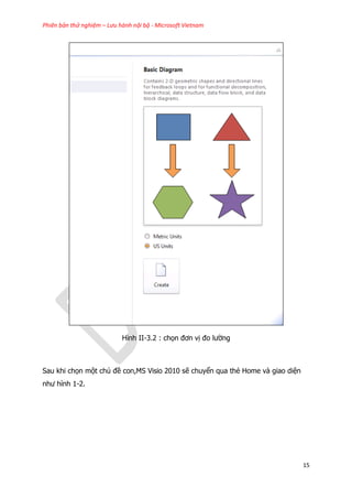 Phiên bản thử nghiệm – Lưu hành nội bộ - Microsoft Vietnam
15
Hình II-3.2 : chọn đơn vị đo lường
Sau khi chọn một chủ đề con,MS Visio 2010 sẽ chuyển qua thẻ Home và giao diện
như hình 1-2.
 