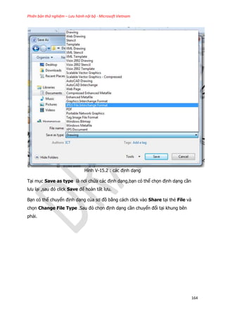 Phiên bản thử nghiệm – Lưu hành nội bộ - Microsoft Vietnam
164
Hình V-15.2 : các định dạng
Tại mục Save as type là nơi chứa các định dạng,bạn có thể chọn định dạng cần
lưu lại ,sau đó click Save để hoàn tất lưu.
Bạn có thể chuyển định dạng của sơ đồ bằng cách click vào Share tại thẻ File và
chọn Change File Type .Sau đó chọn định dạng cần chuyển đổi tại khung bên
phải.
 