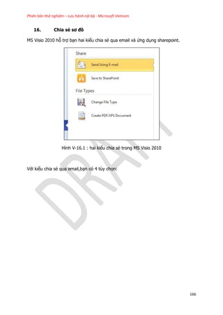 Phiên bản thử nghiệm – Lưu hành nội bộ - Microsoft Vietnam
166
16. Chia sẻ sơ đồ
MS Visio 2010 hỗ trợ bạn hai kiểu chia sẻ qua email và ứng dụng sharepoint.
Hình V-16.1 : hai kiểu chia sẻ trong MS Visio 2010
Với kiểu chia sẻ qua email,bạn có 4 tùy chọn:
 