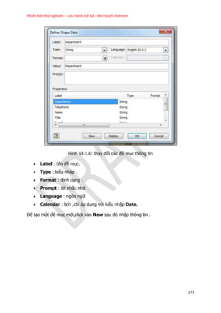 Phiên bản thử nghiệm – Lưu hành nội bộ - Microsoft Vietnam
173
Hình VI-1.6: thay đổi các đề mục thông tin
 Label : tên đề mục.
 Type : kiểu nhập .
 Format : định dạng .
 Prompt : lời nhắc nhở.
 Language : ngôn ngữ
 Calendar : lịch ,chỉ áp dụng với kiểu nhập Date.
Để tạo một đề mục mới,click vào New sau đó nhập thông tin .
 