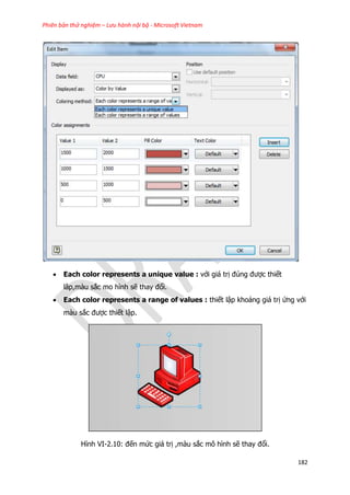 Phiên bản thử nghiệm – Lưu hành nội bộ - Microsoft Vietnam
182
 Each color represents a unique value : với giá trị đúng được thiết
lâp,màu sắc mo hình sẽ thay đổi.
 Each color represents a range of values : thiết lập khoảng giá trị ứng với
màu sắc được thiết lập.
Hình VI-2.10: đến mức giá trị ,màu sắc mô hình sẽ thay đổi.
 