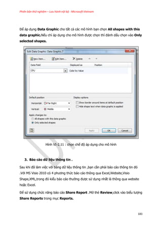 Phiên bản thử nghiệm – Lưu hành nội bộ - Microsoft Vietnam
183
Để áp dụng Data Graphic cho tất cả các mô hình bạn chọn All shapes with this
data graphic.Nếu chỉ áp dụng cho mô hình được chọn thì đánh dấu chọn vào Only
selected shapes.
Hình VI-2.11 : chọn chế độ áp dụng cho mô hình
3. Báo cáo dữ liệu thông tin .
Sau khi đã làm việc với bảng dữ liệu thông tin ,bạn cần phải báo cáo thông tin đó
.Với MS Visio 2010 có 4 phương thức báo cáo thông qua Excel,Website,Visio
Shape,XML,trong đó kiểu báo cáo thường được sử dụng nhất là thông qua website
hoặc Excel.
Để sử dụng chức năng báo cáo Share Report .Mở thẻ Review,click vào biểu tượng
Share Reports trong mục Reports.
 