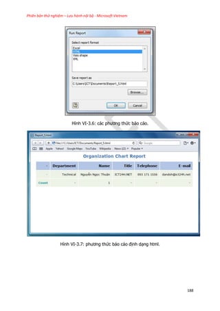 Phiên bản thử nghiệm – Lưu hành nội bộ - Microsoft Vietnam
188
Hình VI-3.6: các phương thức báo cáo.
Hình VI-3.7: phương thức báo cáo định dạng html.
 