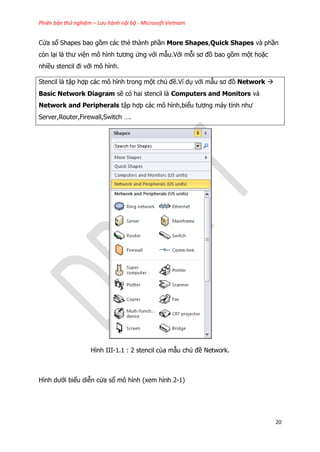 Phiên bản thử nghiệm – Lưu hành nội bộ - Microsoft Vietnam
20
Cửa sổ Shapes bao gồm các thẻ thành phần More Shapes,Quick Shapes và phần
còn lại là thư viện mô hình tương ứng với mẫu.Với mỗi sơ đồ bao gồm một hoặc
nhiều stencil đi với mô hình.
Stencil là tập hợp các mô hình trong một chủ đề.Ví dụ với mẫu sơ đồ Network 
Basic Network Diagram sẽ có hai stencil là Computers and Monitors và
Network and Peripherals tập hợp các mô hình,biểu tượng máy tính như
Server,Router,Firewall,Switch ….
Hình III-1.1 : 2 stencil của mẫu chủ đề Network.
Hình dưới biểu diễn cửa sổ mô hình (xem hình 2-1)
 