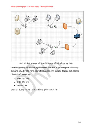 Phiên bản thử nghiệm – Lưu hành nội bộ - Microsoft Vietnam
212
Hình VII-2.6: sử dụng công cụ Connector để kết nối các mô hình
Với những đường kết nối trên,người xem sẽ chưa biết được đường kết nối nào đại
diện cho kiểu dây cáp mạng nào,vì thế bạn cần định dạng lại để phân biệt .Với mô
hình trên có ba loại cáp:
 2Mbit DSL Line
 8Mbit DSL Line
 100Mbit LAN
Click vào đường kết nối và nhấn tổ hợp phím Shift + F3 .
 