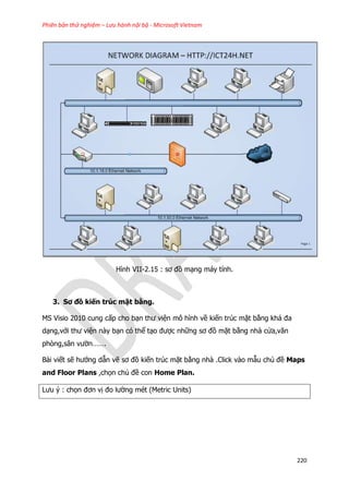 Phiên bản thử nghiệm – Lưu hành nội bộ - Microsoft Vietnam
220
Hình VII-2.15 : sơ đồ mạng máy tính.
3. Sơ đồ kiến trúc mặt bằng.
MS Visio 2010 cung cấp cho bạn thư viện mô hình về kiến trúc mặt bằng khá đa
dạng,với thư viện này bạn có thể tạo được những sơ đồ mặt bằng nhà cửa,văn
phòng,sân vườn…….
Bài viết sẽ hướng dẫn vẽ sơ đồ kiến trúc mặt bằng nhà .Click vào mẫu chủ đề Maps
and Floor Plans ,chọn chủ đề con Home Plan.
Lưu ý : chọn đơn vị đo lường mét (Metric Units)
 
