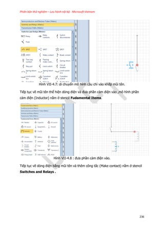 Phiên bản thử nghiệm – Lưu hành nội bộ - Microsoft Vietnam
236
Hình VII-4.7: di chuyển mô hình cầu chì vào khớp mũi tên.
Tiếp tục vẽ mũi tên thể hiện dòng điện và đưa phần cảm điện vào ,mô hình phần
cảm điện (Inductor) nằm ở stencil Fudamental Items.
Hình VII-4.8 : đưa phần cảm điện vào.
Tiếp tục vẽ dòng điện bằng mũi tên và thêm công tắc (Make contact) nằm ở stencil
Switches and Relays .
 
