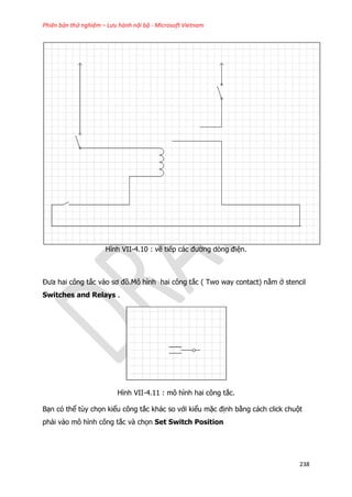 Phiên bản thử nghiệm – Lưu hành nội bộ - Microsoft Vietnam
238
Hình VII-4.10 : vẽ tiếp các đường dòng điện.
Đưa hai công tắc vào sơ đồ.Mô hình hai công tắc ( Two way contact) nằm ở stencil
Switches and Relays .
Hình VII-4.11 : mô hình hai công tắc.
Bạn có thể tùy chọn kiểu công tắc khác so với kiểu mặc định bằng cách click chuột
phải vào mô hình công tắc và chọn Set Switch Position
 