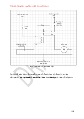 Phiên bản thử nghiệm – Lưu hành nội bộ - Microsoft Vietnam
242
Hình VII-4.16 : sơ đồ mạch điện.
Sau khi đã hoàn tất sơ đồ,bạn cần trang trí nền cho bản vẽ cũng như tạo tiêu
đề.Click vào Background và Borders&Titles ở thẻ Design và chọn kiểu tùy thích.
 
