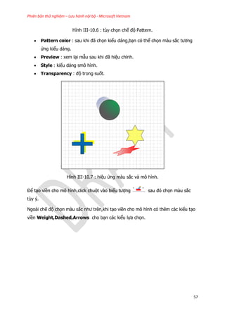 Phiên bản thử nghiệm – Lưu hành nội bộ - Microsoft Vietnam
57
Hình III-10.6 : tùy chọn chế độ Pattern.
 Pattern color : sau khi đã chọn kiểu dáng,bạn có thể chọn màu sắc tương
ứng kiểu dáng.
 Preview : xem lại mẫu sau khi đã hiệu chỉnh.
 Style : kiểu dáng smô hình.
 Transparency : độ trong suốt.
Hình III-10.7 : hiệu ứng màu sắc và mô hình.
Để tạo viền cho mô hình,click chuột vào biểu tượng sau đó chọn màu sắc
tùy ý.
Ngoài chế độ chọn màu sắc như trên,khi tạo viền cho mô hình có thêm các kiểu tạo
viền Weight,Dashed,Arrows cho bạn các kiểu lựa chọn.
 