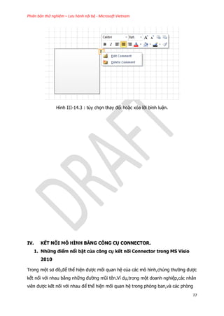Phiên bản thử nghiệm – Lưu hành nội bộ - Microsoft Vietnam
77
Hình III-14.3 : tùy chọn thay đổi hoặc xóa lời bình luận.
IV. KẾT NỐI MÔ HÌNH BẰNG CÔNG CỤ CONNECTOR.
1. Những điểm nổi bật của công cụ kết nối Connector trong MS Visio
2010
Trong một sơ đồ,để thể hiện được mối quan hệ của các mô hình,chúng thường được
kết nối với nhau bằng những đường mũi tên.Ví dụ,trong một doanh nghiệp,các nhân
viên được kết nối với nhau để thể hiện mối quan hệ trong phòng ban,và các phòng
 