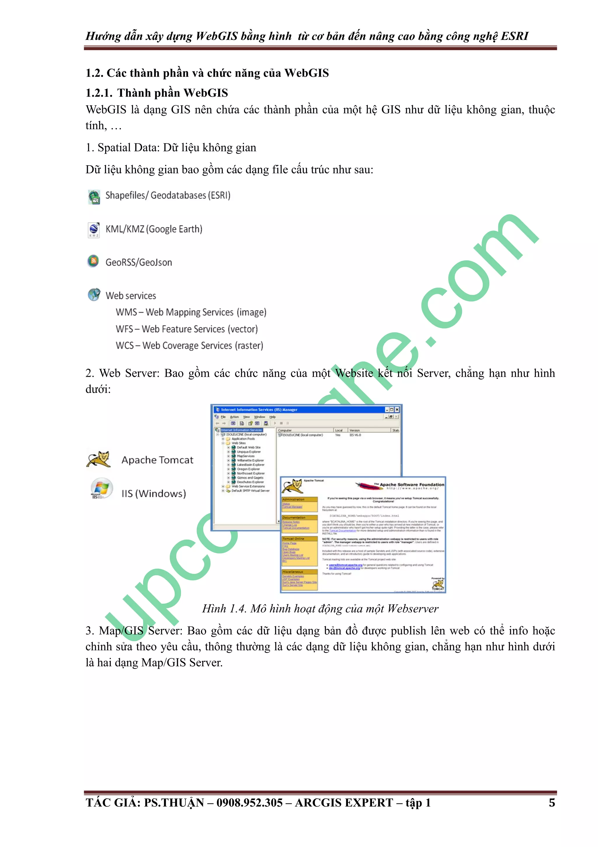 Hướng dẫn xây dựng WebGIS bằng hình từ cơ bản đến nâng cao bằng công nghệ ESRI 1.2. Các thành phần và chức năng của WebGIS 1.2.1. Thành phần WebGIS WebGIS là dạng GIS nên chứa các thành phần của một hệ GIS như dữ liệu không gian, thuộc tính, … 1. Spatial Data: Dữ liệu không gian Dữ liệu không gian bao gồm các dạng file cấu trúc như sau: 2. Web Server: Bao gồm các chức năng của một Website kết nối Server, chẳng hạn như hình dưới: Hình 1.4. Mô hình hoạt động của một Webserver 3. Map/GIS Server: Bao gồm các dữ liệu dạng bản đồ được publish lên web có thể info hoặc chỉnh sửa theo yêu cầu, thông thường là các dạng dữ liệu không gian, chẳng hạn như hình dưới là hai dạng Map/GIS Server. TÁC GIẢ: PS.THUẬN – 0908.952.305 – ARCGIS EXPERT – tập 1 5 