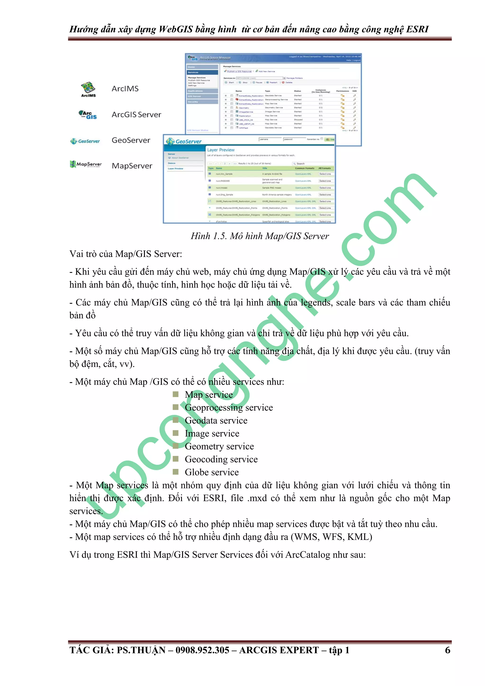 Hướng dẫn xây dựng WebGIS bằng hình từ cơ bản đến nâng cao bằng công nghệ ESRI Hình 1.5. Mô hình Map/GIS Server Vai trò của Map/GIS Server: - Khi yêu cầu gửi đến máy chủ web, máy chủ ứng dụng Map/GIS xử lý các yêu cầu và trả về một hình ảnh bản đồ, thuộc tính, hình học hoặc dữ liệu tải về. - Các máy chủ Map/GIS cũng có thể trả lại hình ảnh của legends, scale bars và các tham chiếu bản đồ - Yêu cầu có thể truy vấn dữ liệu không gian và chỉ trả về dữ liệu phù hợp với yêu cầu. - Một số máy chủ Map/GIS cũng hỗ trợ các tính năng địa chất, địa lý khi được yêu cầu. (truy vấn bộ đệm, cắt, vv). - Một máy chủ Map /GIS có thể có nhiều services như:  Map service  Geoprocessing service  Geodata service  Image service  Geometry service  Geocoding service  Globe service - Một Map services là một nhóm quy định của dữ liệu không gian với lưới chiếu và thông tin hiển thị được xác định. Đối với ESRI, file .mxd có thể xem như là nguồn gốc cho một Map services. - Một máy chủ Map/GIS có thể cho phép nhiều map services được bật và tắt tuỳ theo nhu cầu. - Một map services có thể hỗ trợ nhiều định dạng đầu ra (WMS, WFS, KML) Ví dụ trong ESRI thì Map/GIS Server Services đối với ArcCatalog như sau: TÁC GIẢ: PS.THUẬN – 0908.952.305 – ARCGIS EXPERT – tập 1 6 