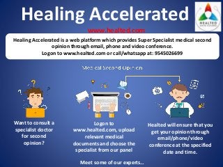 Healing Accelerated is a web platform which provides Super Specialist medical second
opinion through email, phone and video conference.
Logon to www.healted.com or call/whatsapp at: 9545026699
Healing Accelerated
www.healted.com
Meet some of our experts…
Want to consult a
specialist doctor
for second
opinion?
Logon to
www.healted.com, upload
relevant medical
documents and choose the
specialist from our panel
Healted will ensure that you
get your opinion through
email/phone/video
conference at the specified
date and time.
 