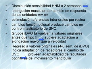 Disminución sensibilidad HNM a 2 semanas elongación muscular por cambio en respuesta de las unidades  per se estimulación aferencias intra-orales por resina cambios función oclusal produce cambios en control masticatorio de SNC Grupos iDVO  I a vuelven a valores originales antes que tipo  II  sugiere adaptación a elongación mayor que a velocidad Regreso a valores originales (4-6 sem. de iDVO) indica adaptación de receptores al cambio de DVO  proveen adaptabilidad de facultades cognitivas del movimiento mandibular 