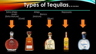 Extra Añejo Añejo Reposado
Joven Blanco
(Extra Mature) (Mature)
(Gold) (Silver)
Types of Tequilas…...
 