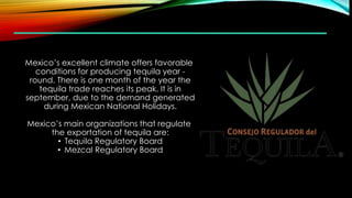 Mexico’s excellent climate offers favorable
conditions for producing tequila year -
round. There is one month of the year the
tequila trade reaches its peak. It is in
september, due to the demand generated
during Mexican National Holidays.
Mexico’s main organizations that regulate
the exportation of tequila are:
• Tequila Regulatory Board
• Mezcal Regulatory Board
 