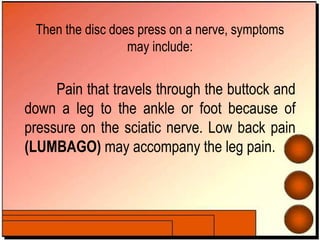 Then the disc does press on a nerve, symptoms
may include:
Pain that travels through the buttock and
down a leg to the ankle or foot because of
pressure on the sciatic nerve. Low back pain
(LUMBAGO) may accompany the leg pain.
 