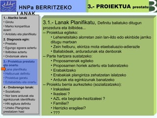 3.1.- Lanak Planifikatu, Definitu baliatuko ditugun
prozedura eta ibilbidea...
-- Proiektua egiteko:
? Lehenetsitako alorretan zein lan-ildo edo ekinbide jarriko
ditugu martxan
? Zein helburu, ekintza mota etaebaluazio-adierazle
? Baliabideak, arduradunak eta denborak
-- Parte hartzera sustatzeko:
? Proposamenak egiteko
? Proposamen horiek aztertu eta baloratzeko
? Erabakitzeko
? Erabakiak plangintza zehatzetan islatzeko
? Ardurak eta eginkizunak banatzeko
-- Proiektu berria aurkezteko (sozializatzeko):
? Irakasleei
? Ikasleei ?
? AZL eta begirale-hezitzaleei ?
? Familiei?
? Herrizko eragileei?
? ???
HNPa BERRITZEKO
LANAK
3.- PROIEKTUA prestatu
1.- Atariko lanak
? Girotu
? Marko konpartitua
ezarri
? Antolatu eta planifikatu
2. Diagnosia egin:
? Prestatu
? Egungo egoera aztertu
? Ibilbidea aztertu
? Ondorioak atera
3.- Proiektua prestatu
eta onartu
? Lana planifikatu
? Helburuak definitu
? Proiektua garatu
? Eztabaidatu eta onartu
4.- Ondorengo lanak:
? Sozializatu
? Nor bere ardurak eta
eginkizunak identifikatu
? HN egitura definitu
? Urteko Plangintza
prestatzen hasi
1.- Atariko lanak
? Girotu
? Marko konpartitua
ezarri
? Antolatu eta planifikatu
2. Diagnosia egin:
? Prestatu
? Egungo egoera aztertu
? Ibilbidea aztertu
? Ondorioak atera
3.- Proiektua prestatu
eta onartu
? Lana planifikatu
? Helburuak definitu
? Proiektua garatu
? Eztabaidatu eta onartu
4.- Ondorengo lanak:
? Sozializatu
? Nor bere ardurak eta
eginkizunak identifikatu
? HN egitura definitu
? Urteko Plangintza
prestatzen hasi
 